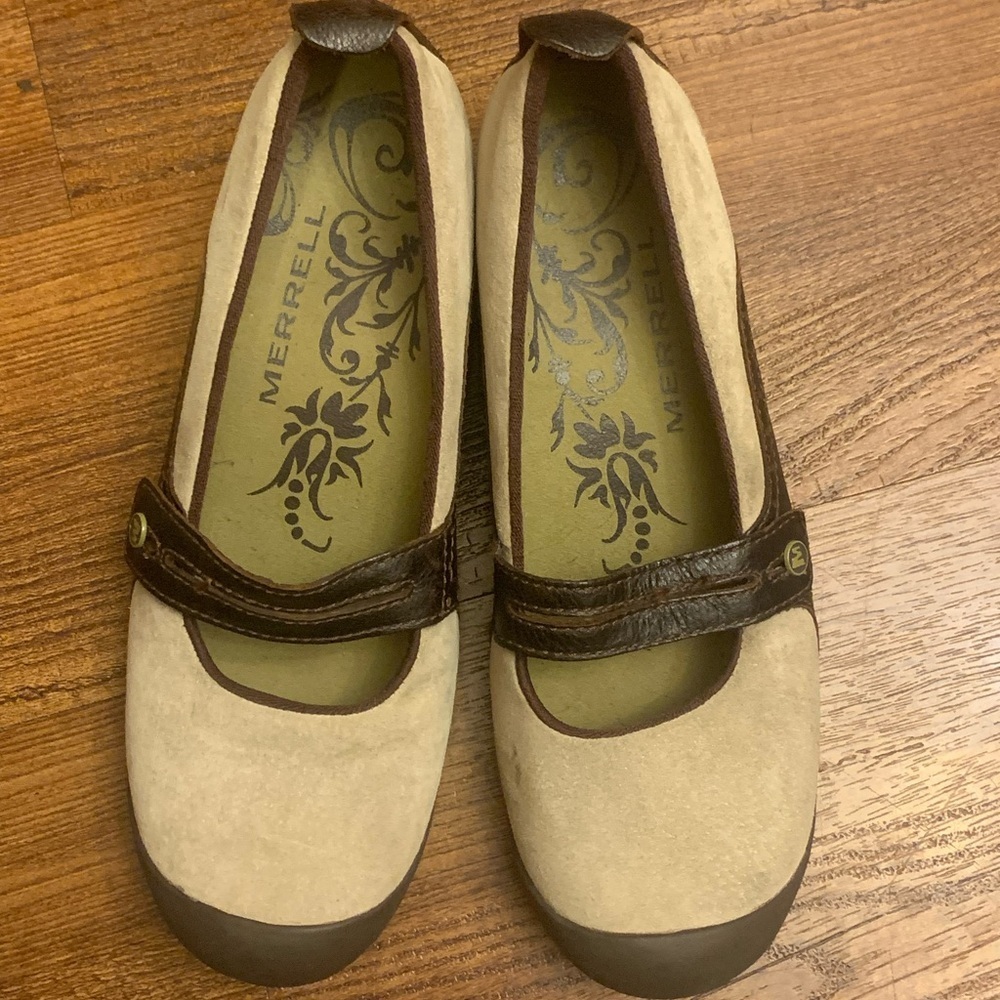 Merrells Mary Jane slip on.  8.5 dark taupe tan  suede upper w/ leather accents